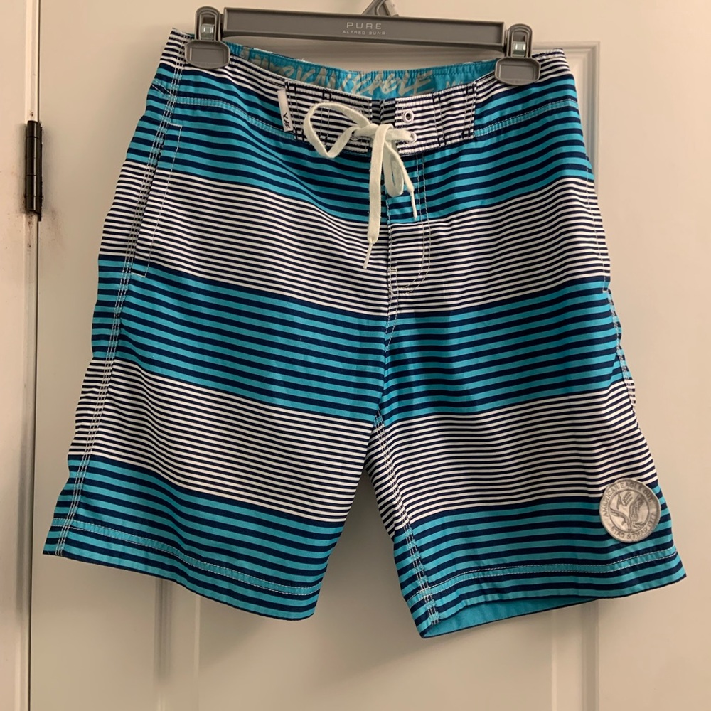 American Eagle Outfitters Blue & White Striped Swim Board Shorts